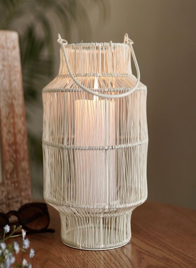 BEHOMA Mesh Metal Lantern for Home Decoration Indoor Outdoor, Boho Style Decorative Lantern for Table-top and Pillar Candle Holder, White Colour One Piece - Image 1